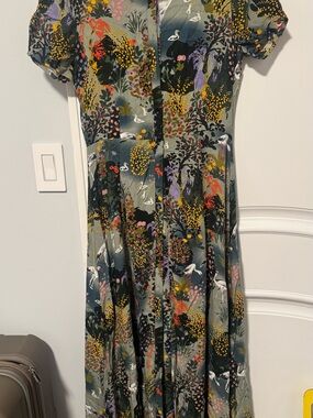 Mavi Green Floral & Crane Puff-Sleeve Maxi Dress